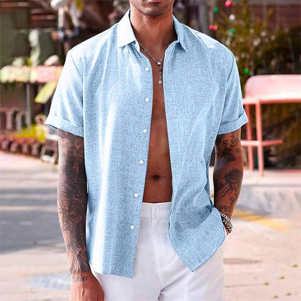 Camisa de Lino para Hombre de Manga Corta con Cuello de Solapa y Botones